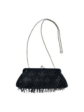 Black Beaded Fringe Evening Bag with Chain Strap
